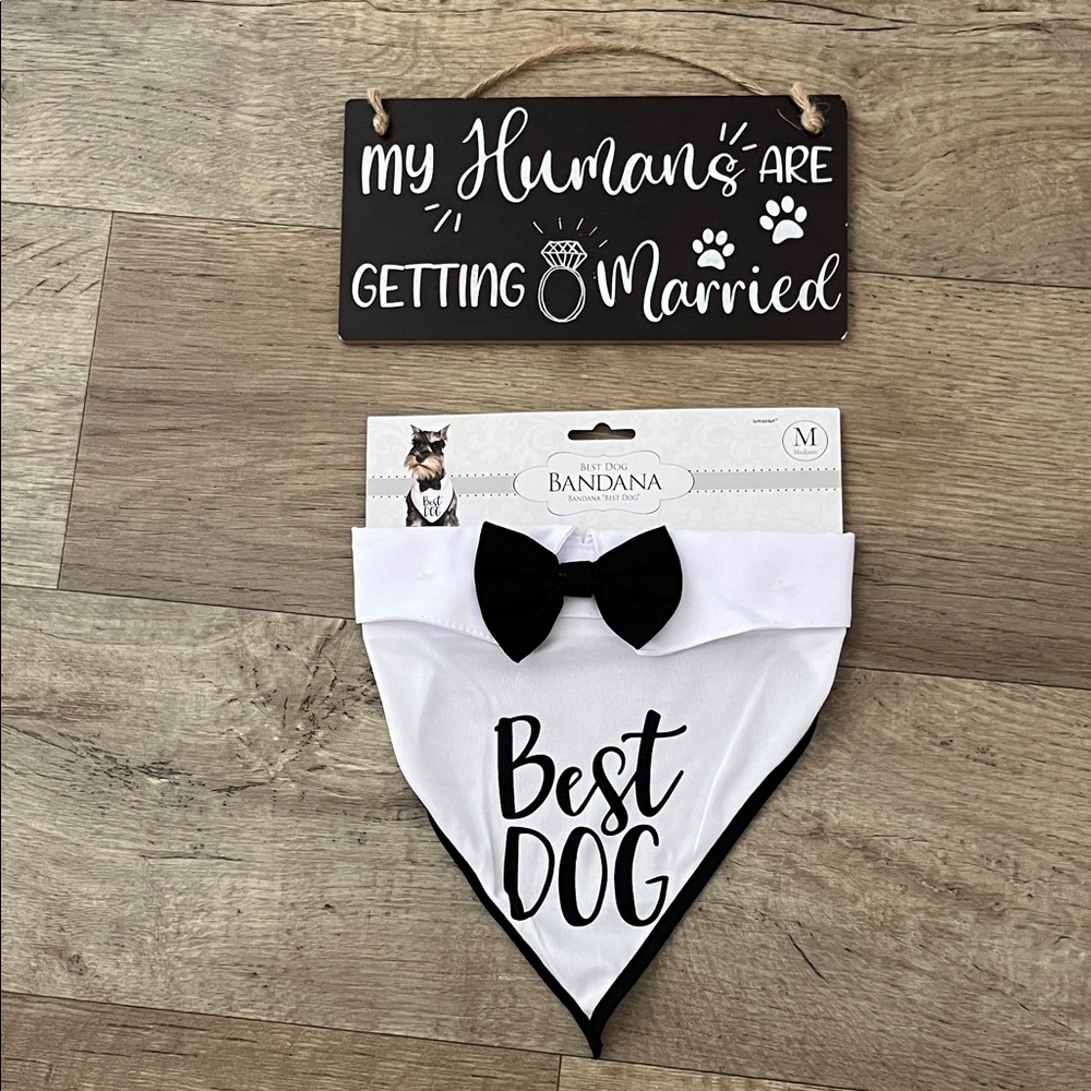 NWOT Dog Wedding Bandana w/ Bow Tie - "Best Dog Size M & Getting Married Sign